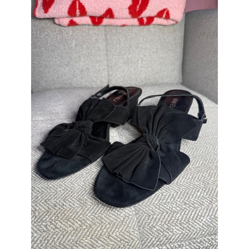 Vaneli Black Suede Oversized Bow Slingback Block Heel Sandals Womens 10M